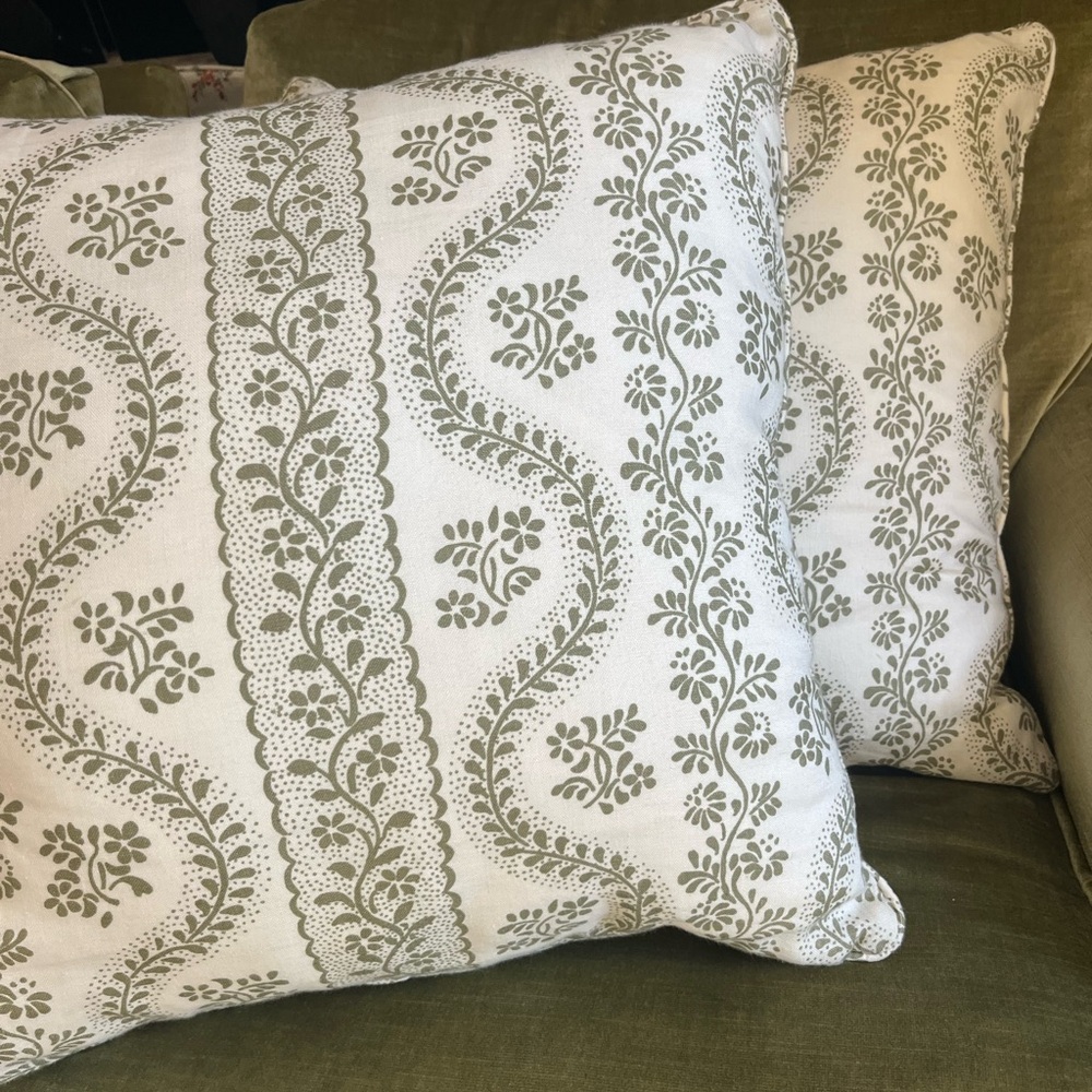 Pair of Sister Parish pillow covers in olive green Dolly pattern